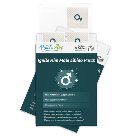 A product box for "Ignite Him Male Libido Patch" displays a green and white design, featuring an icon of the male symbol, with details about its plant-based ingredients and potential benefits for male performance.