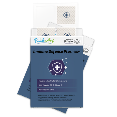 A package of "Immune Defense Plus" patches displays a blue label with a shield logo, highlighting benefits like vitamins B6, C, D3, and E, and includes 30 hypoallergenic patches for immune support.