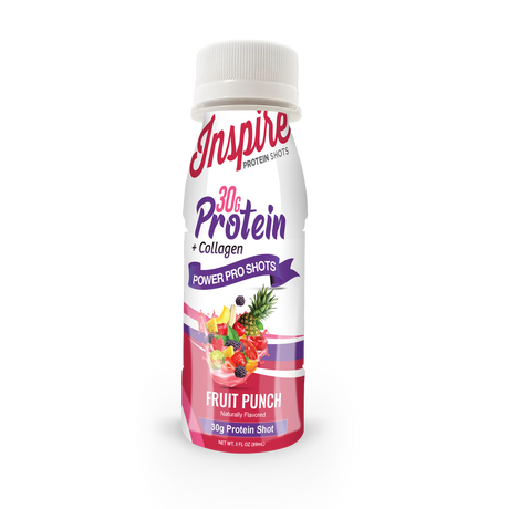 Inspire Fruit Punch + Collagen Power Shot with 30 grams of protein in a 3-fluid-ounce bottle.