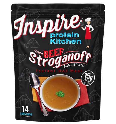 Inspire Protein Kitchen Creamy Beef Stroganoff Bone Broth Instant Hot Meal with 15 grams of protein per serving. Contains 14 servings.