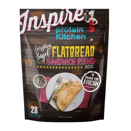 Inspire Protein Kitchen Everything Bagel Flatbread Sandwich Round Mix, makes 28 servings.