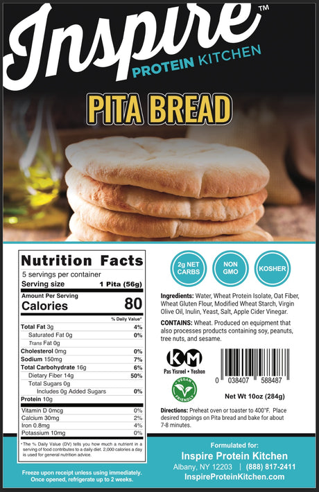 Inspire Protein Kitchen Pita Bread packaging with Nutrition Facts, ingredients, preparation directions and storage instructions. Each pita has 80 calories, 2 grams of net carbs and 10 grams of protein.