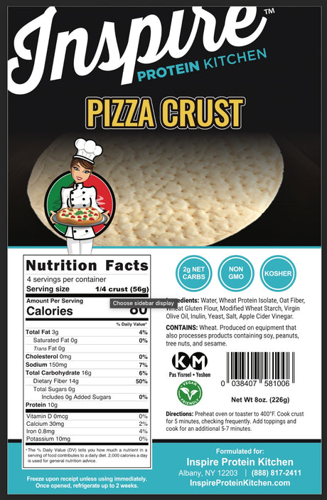 Inspire Artisan Thin Pizza Crust twin-pack packaging with Nutrition Facts, ingredients, preparation directions and storage instructions. Each quarter crust has 50 calories, 1 gram of net carbs and 7 grams of protein.