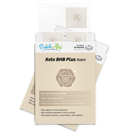 A package of Keto BHB Plus patches from PatchAid, featuring a beige design with health claims, contains 30 patches aimed at supporting weight loss and metabolism.