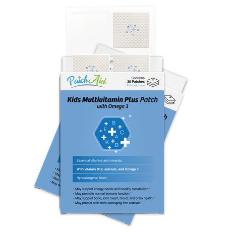 A package of Kids Multivitamin Plus Patches with Omega 3 is displayed, featuring a blue and white design, highlighting essential vitamins and minerals for children's health.