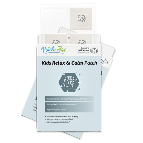 A pack of "Kids Relax & Calm Patches" is displayed, featuring a light blue label with a flower icon, highlighting benefits like stress reduction and restful sleep, and indicating it contains 30 hypoallergenic patches.