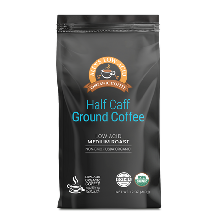 Alex's Low Acid Organic Coffee™ - Café Ecológico Bajo en Acidez Molido Fresco, Descafeinado a la Mitad (340g) - 1 Bolsa