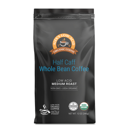 Alex's Low Acid Organic Coffee™ - Café en grano descafeinado a la mitad (12oz) - 1 Bolsa