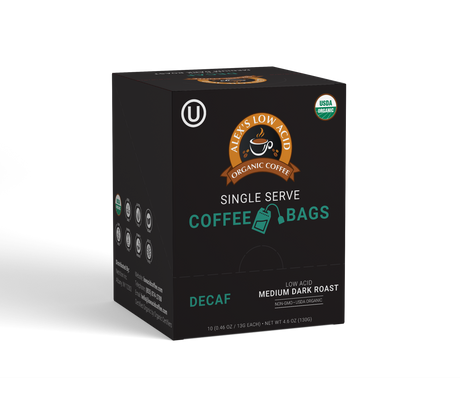Café descafeinado en bolsitas estilo té Alex's Low-Acid Organic Coffee™ - Caja de 10 unidades