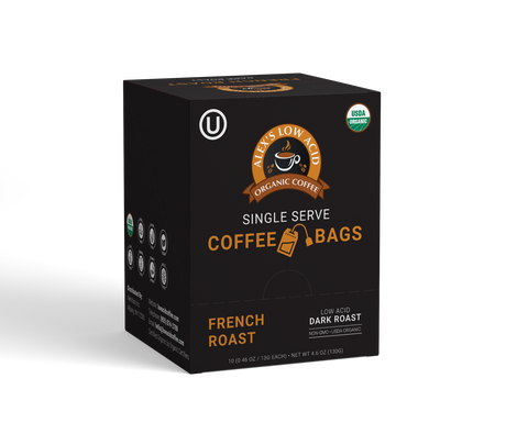 Alex's Low-Acid Organic Coffee™ French Roast Coffee Steep Bags (Tea Bag Style) - 10-Pack Box