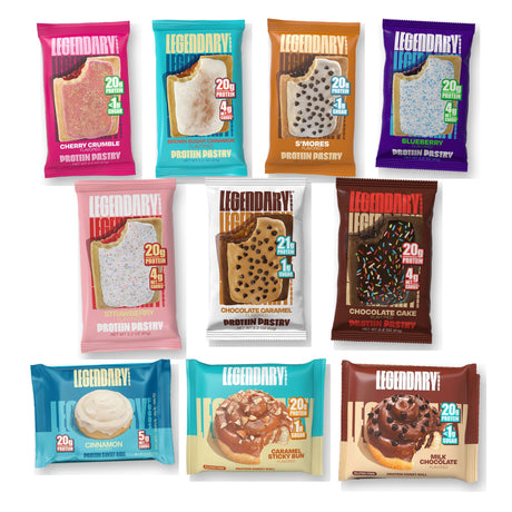 A variety of protein pastries are displayed in colorful packaging, featuring flavors like Cherry Crumble, S'mores, and Chocolate Cake, each highlighting protein content and low sugar.