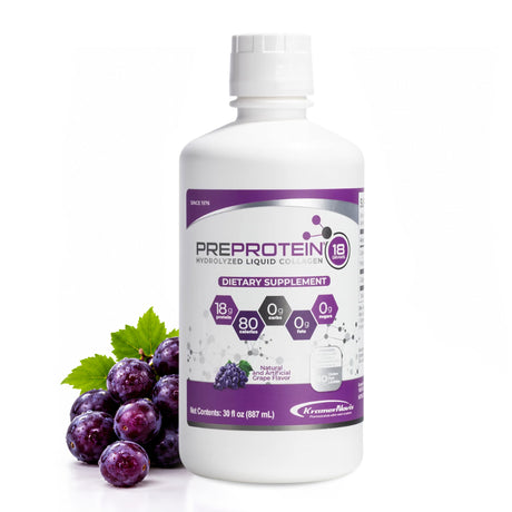A white bottle of PREPROTEIN hydrolyzed liquid collagen dietary supplement displays nutritional information, with a cluster of dark purple grapes beside it, suggesting a grape flavor.