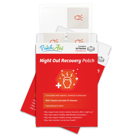 A colorful package of "Night Out Recovery Patches" from PatchAid, featuring a red design with health-related icons and text highlighting benefits and ingredients, displayed alongside several patches.