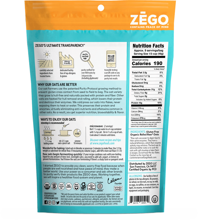 Zego Organic Double Protein Oats 14oz Bag