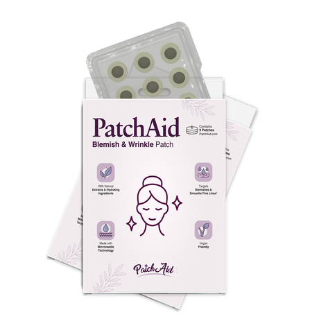 A product package for PatchAid Blemish & Wrinkle Patches features a graphic of a woman’s face with sparkling effects, highlighting benefits like natural ingredients and vegan-friendly technology.