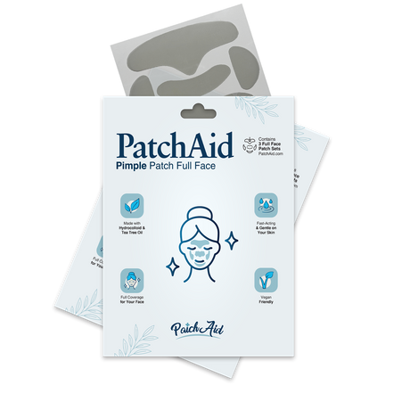 A package of PatchAid Pimple Patch Full Face features an illustration of a smiling person with clear skin, highlighting benefits like vegan-friendly ingredients and full facial coverage for acne treatment.