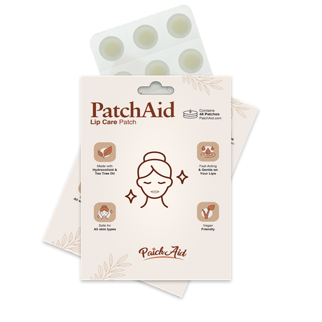 A packaging design for PatchAid Lip Care Patches features a woman’s face illustration, highlighting benefits like being made with tea tree oil, safe for all skin types, and vegan-friendly.