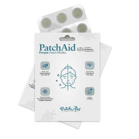 A package of PatchAid Pimple Patch Ultra features a graphic of a face with blemishes, highlighting the product's benefits, including being made with hydrocolloid and tea tree oil, and containing 48 patches.