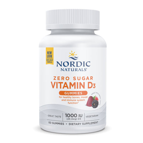 A white bottle labeled "Nordic Naturals Zero Sugar Vitamin D3 Gummies" contains 60 gummies, highlighting benefits for bones, mood, and immune function, with a note about great taste and vegetarian ingredients.