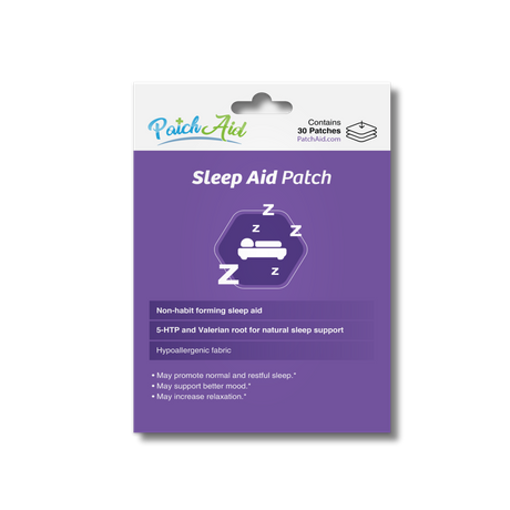PatchAid Sleep Aid Patches with 5-HTP and valerian root for natural sleep support. Contains 30 hypoallergenic, non-habit-forming patches.