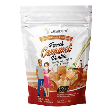 BariatricPal French Caramel Vanilla Calcium Citrate Soft Chews with 500 mg calcium, vitamin D and probiotics. Sugar-free, 90-count bag.
