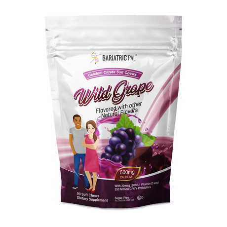 A stand-up pouch of BariatricPal Wild Grape Calcium Citrate Soft Chews, featuring a white and purple design with illustrations of a man and woman and a graphic of wild grapes.