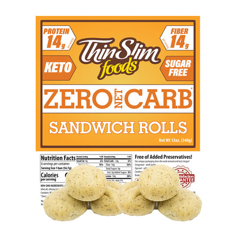 A package of Thin Slim Foods Zero Net Carb Sandwich Rolls, featuring a bright orange label highlighting its keto, sugar-free, and high-protein attributes, with several small rolls displayed in front.