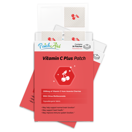 A package of Vitamin C Plus patches features a bright red design with cherry graphics, highlighting benefits like immune support and containing 30 patches made from hypoallergenic fabric.