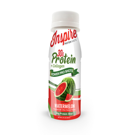 Inspire Watermelon Power Pro Shot with 30 grams of protein plus collagen in a 3-fluid-ounce serving.