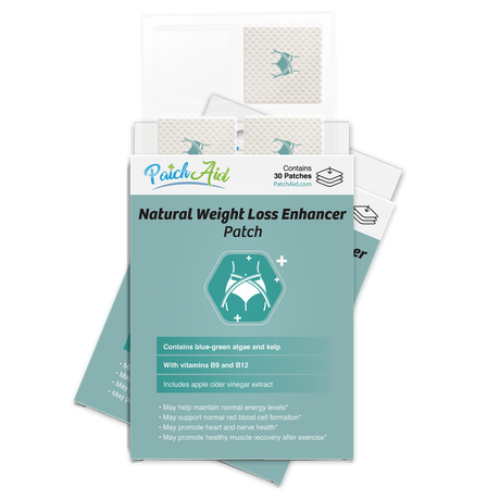 A packaging display for PatchAid's Natural Weight Loss Enhancer Patch, featuring a teal background with product details, illustrations of patches, and claims about health benefits.