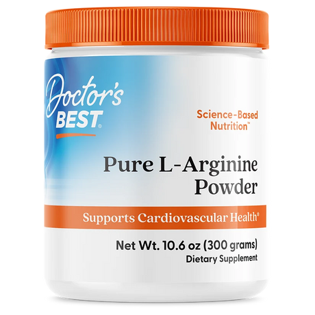 A white container of Doctor's Best Pure L-Arginine Powder with an orange lid, labeled as a dietary supplement that supports cardiovascular health, prominently displays its weight of 10.6 ounces.