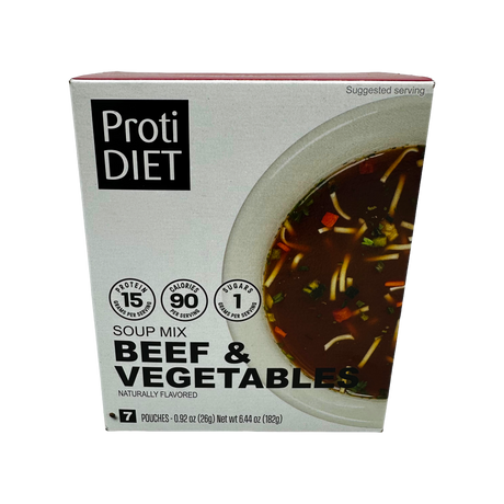 A box of ProtiDIET Beef & Vegetables soup mix displays a bowl of dark broth with vegetables, highlighting nutritional information including 15 grams of protein and 90 calories per serving.