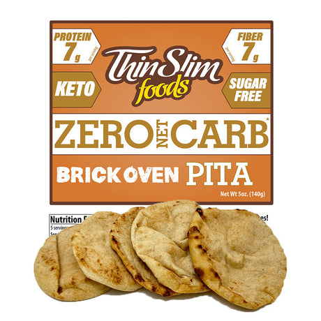 A package of Thin Slim Foods Zero Net Carb Brick Oven Pita, featuring five round, lightly toasted pitas in front of a colorful label highlighting its keto-friendly, sugar-free, and high-protein attributes.