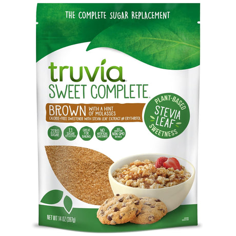 A bag of Truvia Sweet Complete brown sweetener with a hint of molasses is displayed, alongside a bowl of oatmeal topped with fruit and chocolate chip cookies, emphasizing its use as a sugar replacement.
