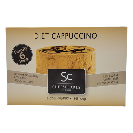 A box of Diet Cappuccino cheesecake cups is displayed, featuring a creamy dessert with swirls, labeled as a family pack containing six 2.5-ounce cups, highlighting premium ingredients and gluten-free options.