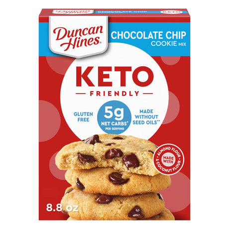 A box of Duncan Hines Keto Friendly Chocolate Chip Cookie Mix features a stack of cookies with chocolate chips, highlighting "gluten-free" and "5g net carbs per serving" on a red background.