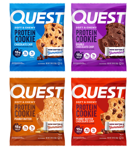 Four colorful packaging designs for Quest protein cookies are displayed, featuring flavors: Chocolate Chip, Double Chocolate Chip, Peanut Butter, and Peanut Butter Chocolate Chip, each highlighting protein content and softness.