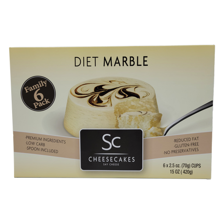 A box of Diet Marble Cheesecakes featuring six 2.5-ounce cups, highlighting premium ingredients, low-carb and gluten-free options, with a spoon included for easy serving.