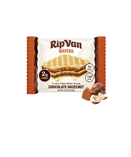 RipVan chocolate hazelnut wafers packaging displays a layered wafer snack with nutritional information, alongside whole and chopped hazelnuts.