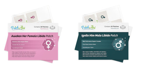 Two product packages for libido support patches are displayed side by side; the left is pink labeled "Awaken Her Female Libido Patch" and the right is dark green labeled "Ignite Him Male Libido Patch."