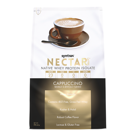 A brown cup of cappuccino sits on a saucer, with a packet of Syntrax Nectar Whey Protein Isolate in cappuccino flavor displayed, highlighting its protein content and instant mix features.