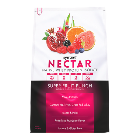 A colorful package of Syntrax Nectar Native Whey Protein Isolate features a "Super Fruit Punch" flavor, highlighting fruits like pomegranate and orange, with nutritional information prominently displayed.