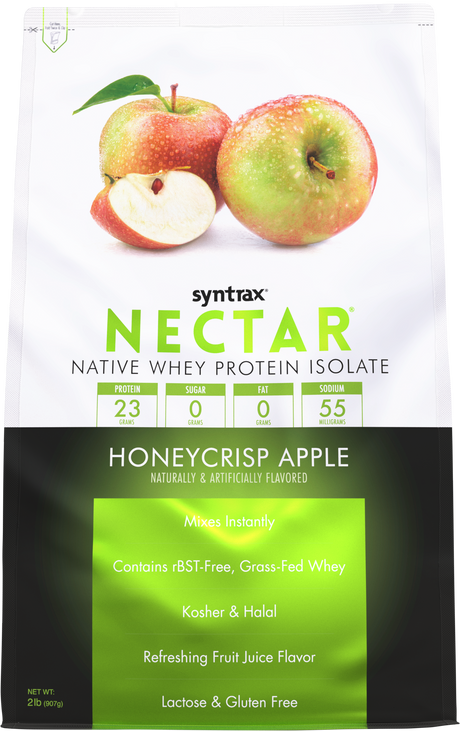 A colorful packaging for Syntrax Nectar Honeycrisp Apple protein powder features fresh apples, highlighting its protein content, zero sugar, and gluten-free attributes.