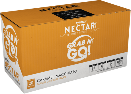 Boîte de poudre protéinée Syntrax Nectar Grab N' Go - Caramel Macchiato (12 portions)