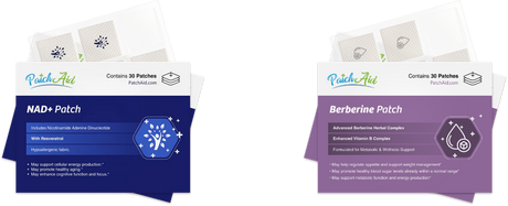 Two product packages from PatchAid are displayed: the NAD+ Patch, in blue, and the Berberine Patch, in purple, each containing 30 patches and highlighting their health benefits and ingredients.