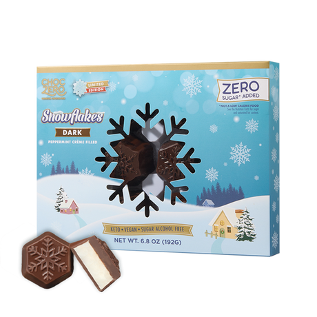 A box of dark chocolate peppermint crème-filled candies shaped like snowflakes is displayed alongside one candy, set against a winter-themed background with snowflakes and a snowy landscape.