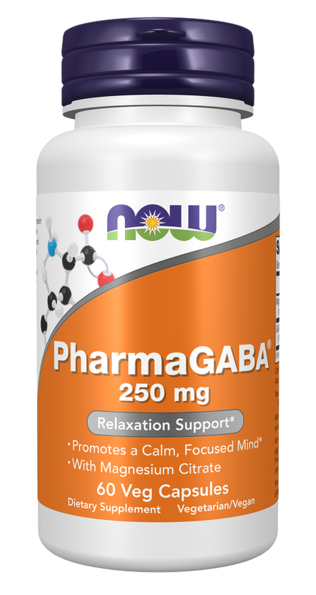 A white bottle of PharmaGABA dietary supplement with an orange label, featuring "250 mg" and "Relaxation Support," alongside a molecular graphic, indicating it's vegetarian and contains 60 veg capsules.