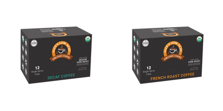 Two boxes of Alex's Low Acid Organic Coffee are displayed side by side, featuring Decaf Coffee and French Roast Coffee, each containing 12 single-serve cups and labeled with organic certifications.
