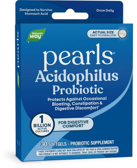 A blue box of Nature's Way Pearls Acidophilus Probiotic, featuring text about digestive comfort, contains 30 softgels and highlights 1 billion active cultures, labeled as easy to swallow.