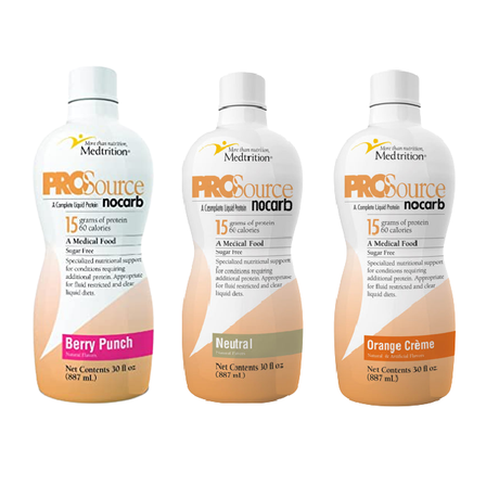 Three bottles of PROSource nocarb liquid protein in flavors Berry Punch, Neutral, and Orange Crème, each containing 15 grams of protein and 80 calories, labeled as medical food for specialized diets.